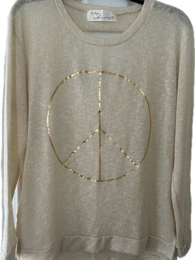 Vintage Havana Cream Knit Crewneck with Gold Peace Emblem